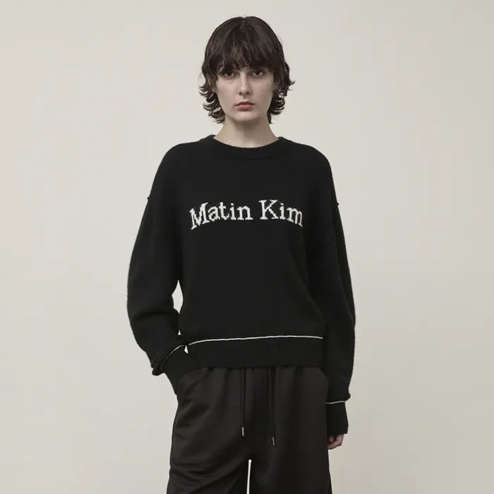 Color Trim Line Logo Pullover Knit - Black