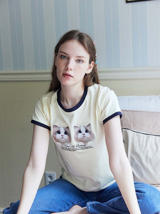 ETRE AU SOMMET Twin Cat Face Half Tee (BLACKPINK JISOO Wear)