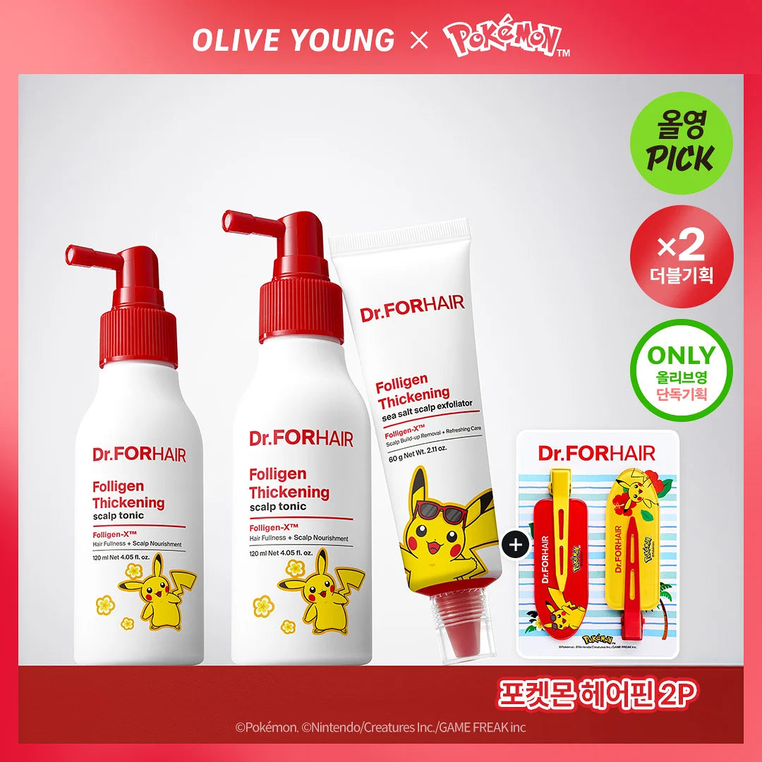 Dr.FORHAIR - Folligen Thickening Scalp Tonic 120ml x 2ea + Pokémon Hair Clip (2P) (Pokémon Collaboration)